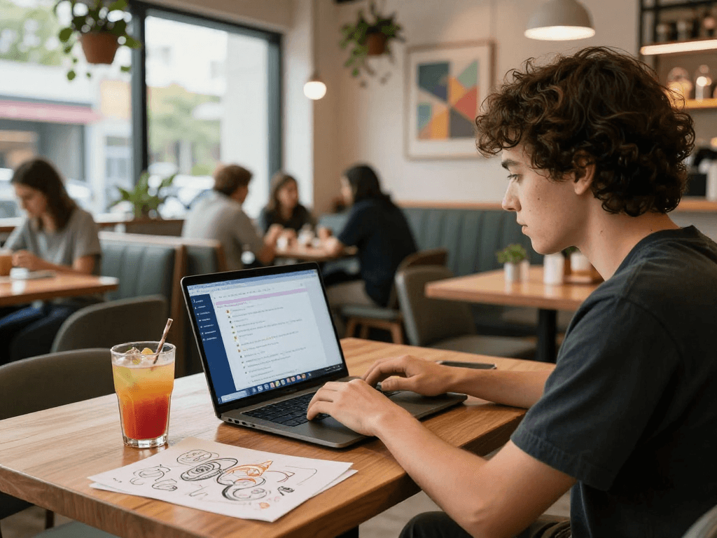 An individual using spicy chat AI in a lively café setting with vibrant décor.