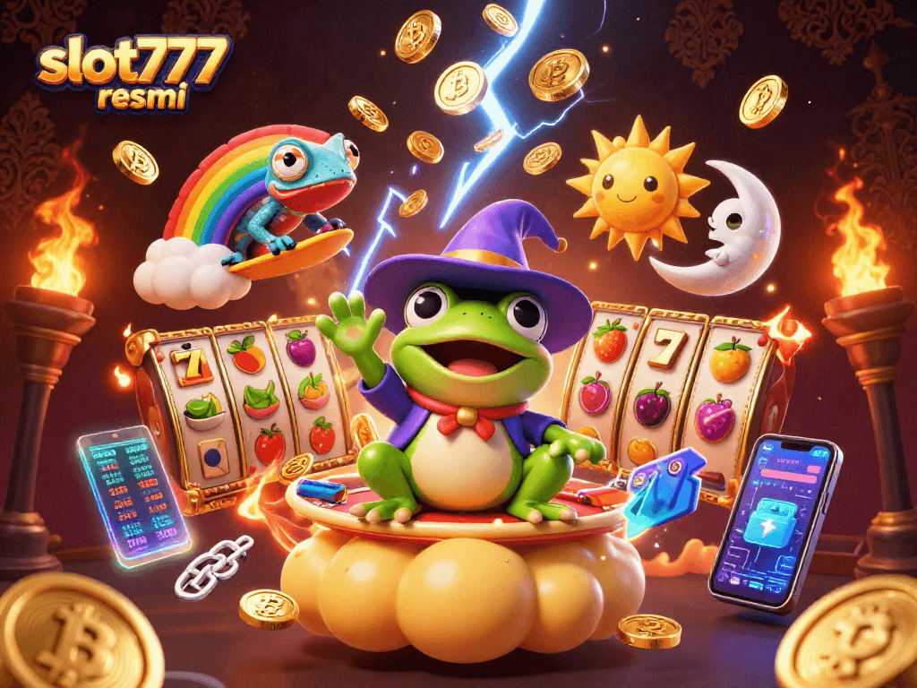 Spin the slots with slot777 resmi featuring a vibrant casino adventure scene full of engaging characters and glowing coins.