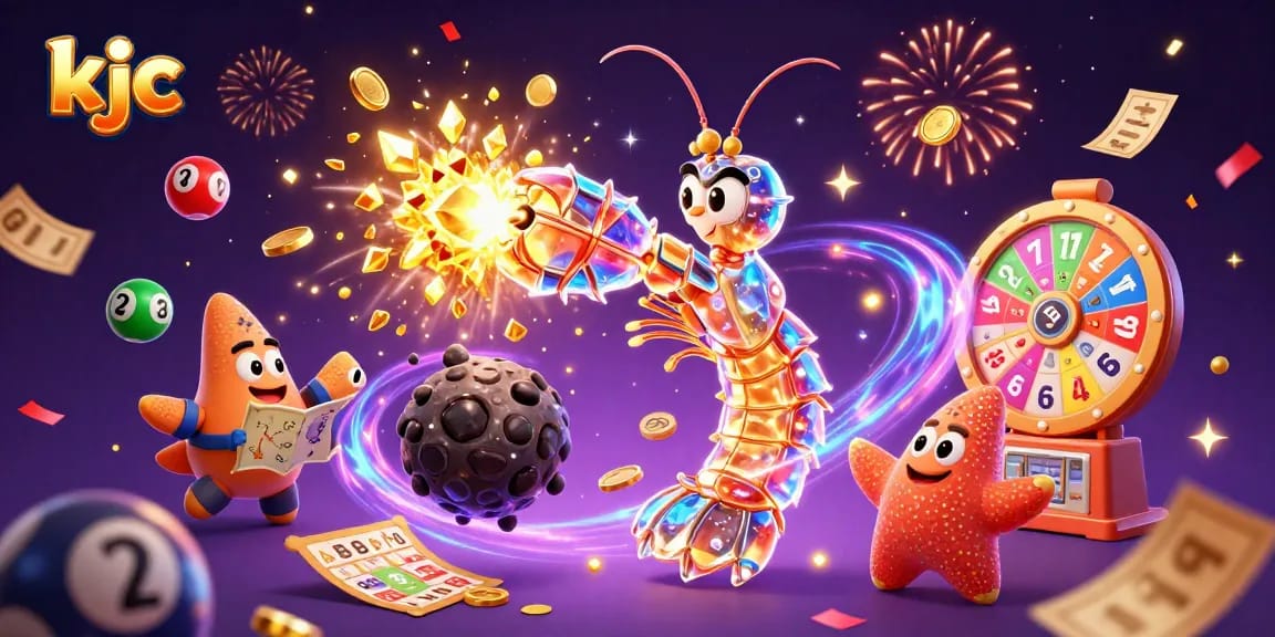 Engage with KJC's vibrant gaming experience featuring a galactic samurai and rich casino elements.