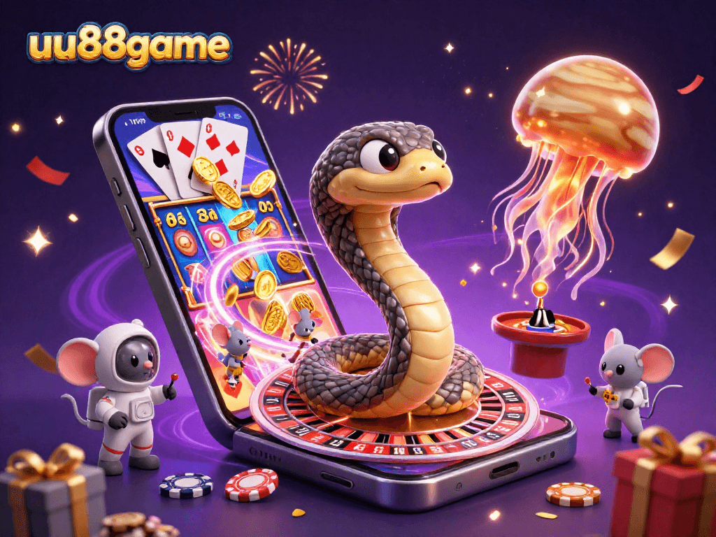 Engage with uu88game's cosmic casino featuring a roulette wheel, astronaut mice, and vibrant gaming elements.