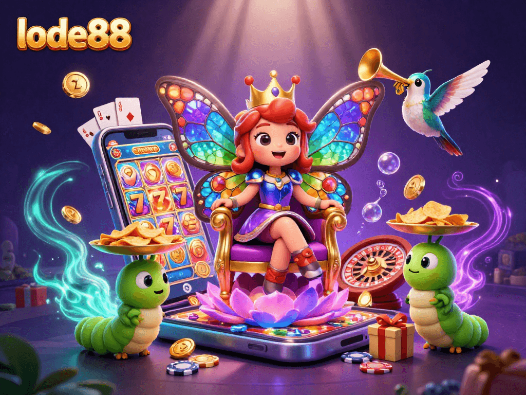 Experience lode88's vibrant magic with a dynamic butterfly queen and rich casino games illustration.