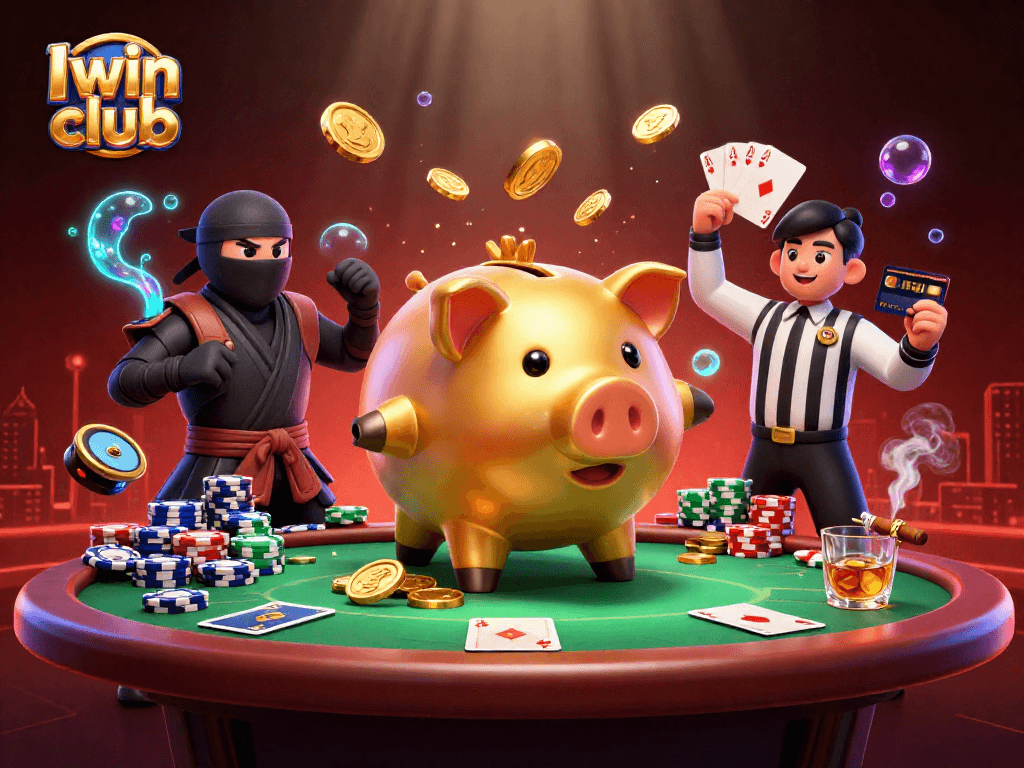 Iwin club presents a thrilling scene of a piggy bank sumo wrestler amidst colorful poker elements.