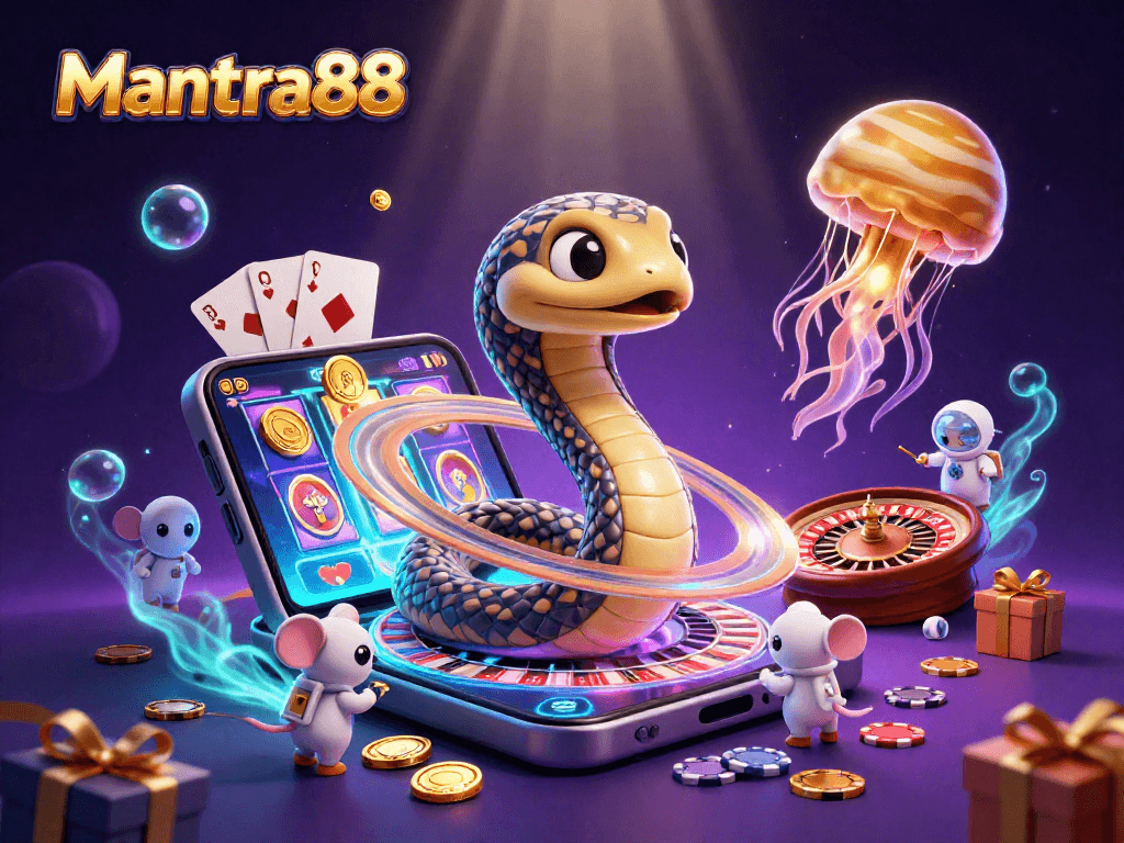 Experience thrilling bets at mantra88 with vibrant cosmic characters in this action-packed casino scene.
