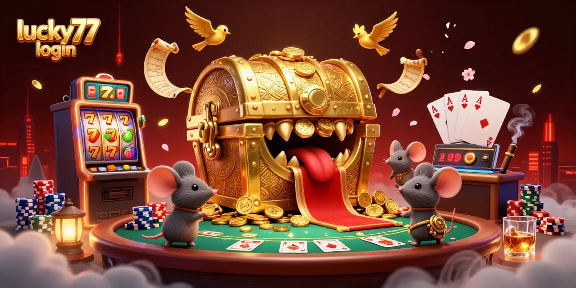 Experience winnings at lucky77 login with vibrant slot machines and a charming treasure chest in this thrilling casino scene.