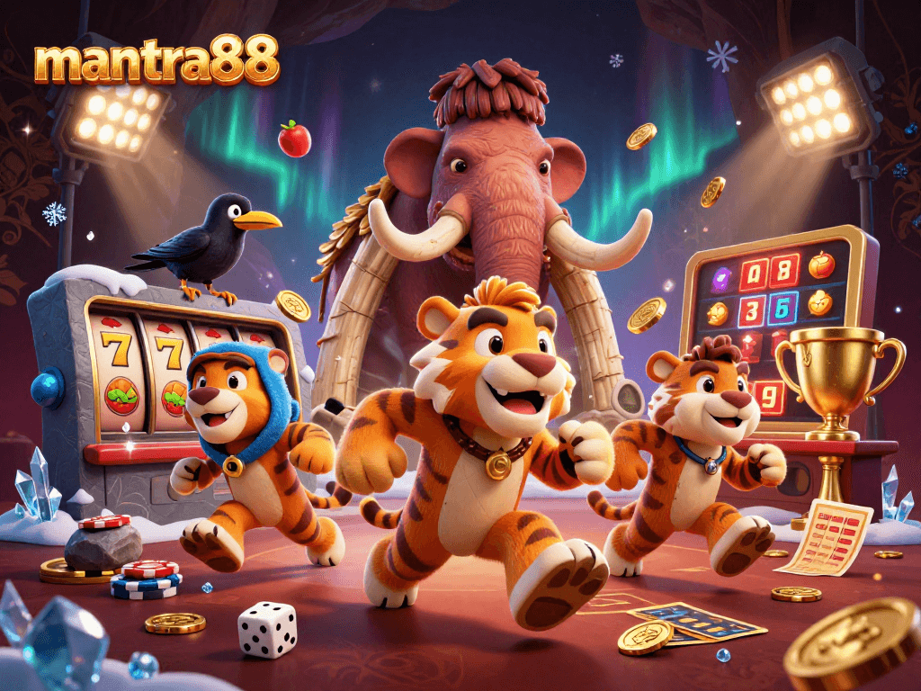 Engage in thrilling play at mantra88, featuring 3D characters in a prehistoric casino with vibrant gaming elements flying around.