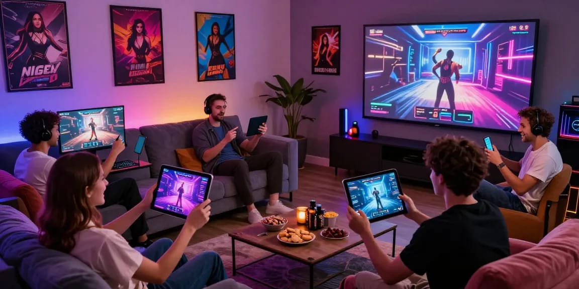 Players enjoying immersive sex games on various devices in a vibrant gaming room.