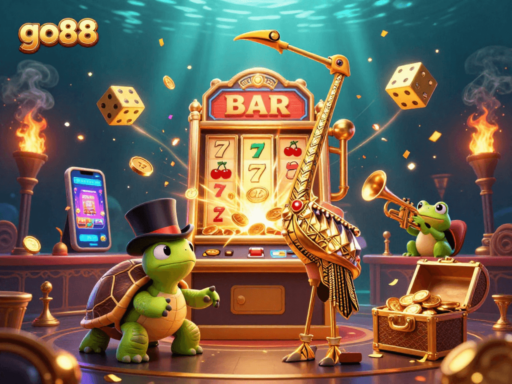 Experience go88's vibrant casino scene with dynamic characters and exciting game symbols.
