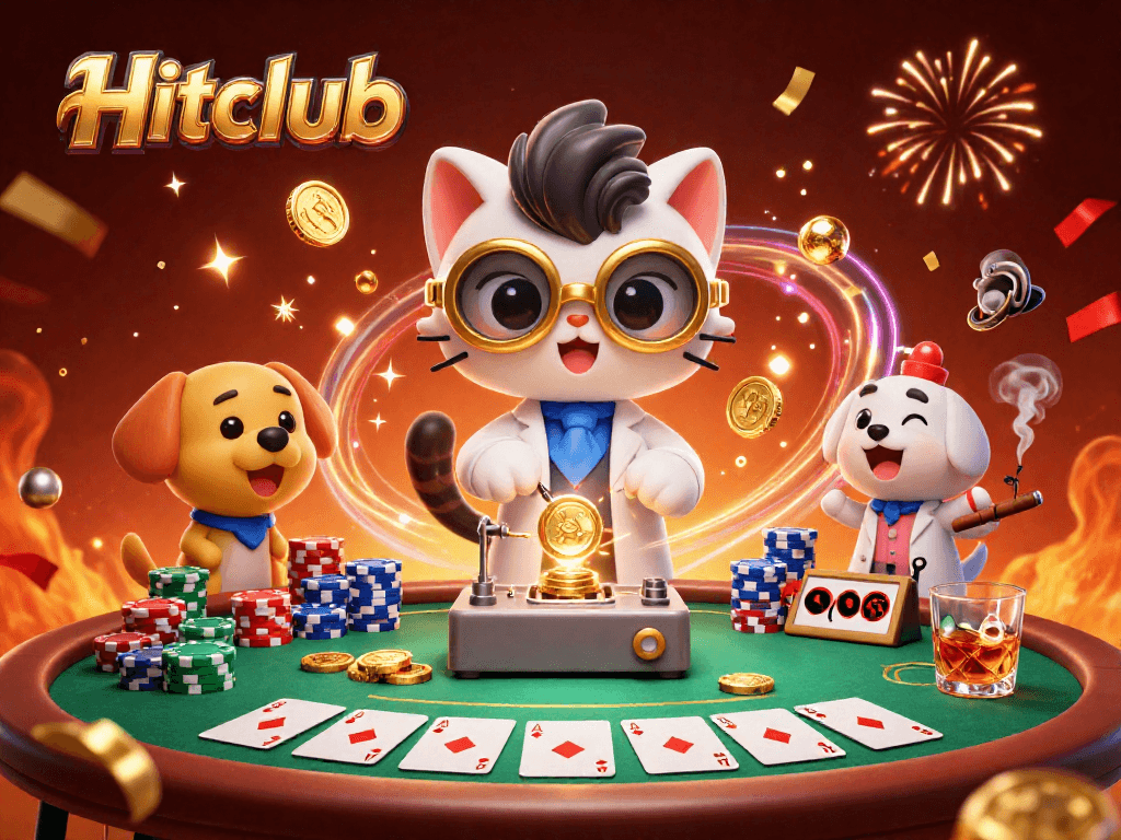 Hitclub showcases a vibrant scene with a mad scientist cat and dog amidst poker excitement.