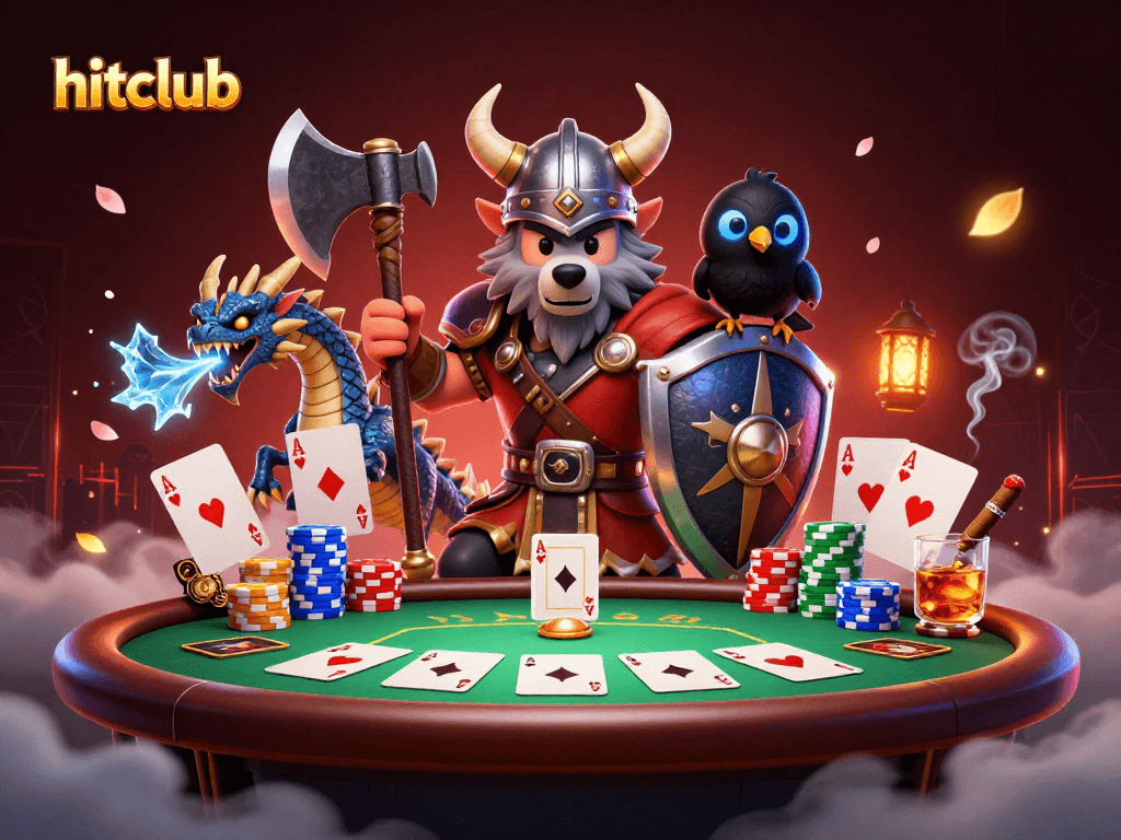Join the hitclub action with a fierce Viking wolf warrior at a poker table packed with colorful chips.