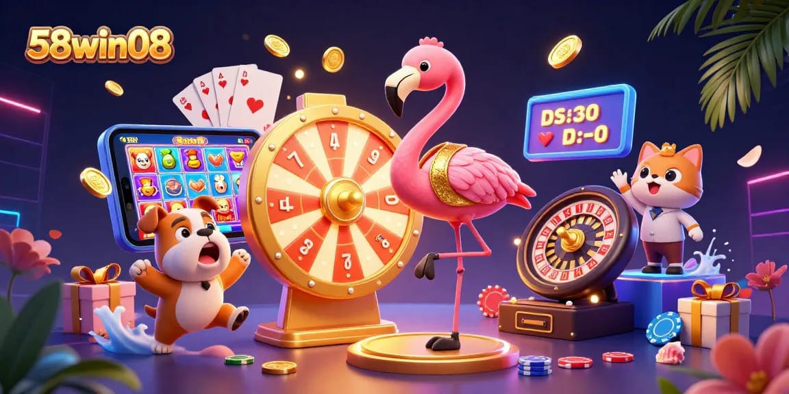 Join the excitement with 58win08 at this vibrant casino scene showcasing games and prizes.