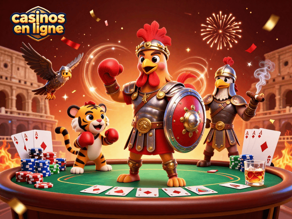 Jeux captivants dans un casino en ligne, avec un coq gladiateur et un tigre en boxe, poker palpitant.