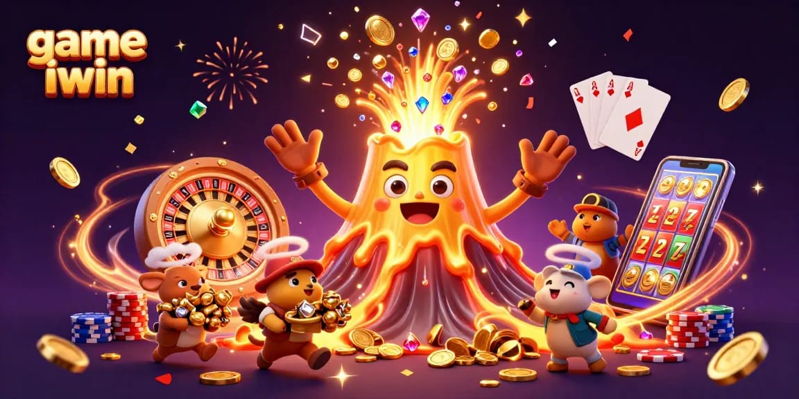 Win big with game iwin, featuring a golden volcano, treasure, and casino elements.