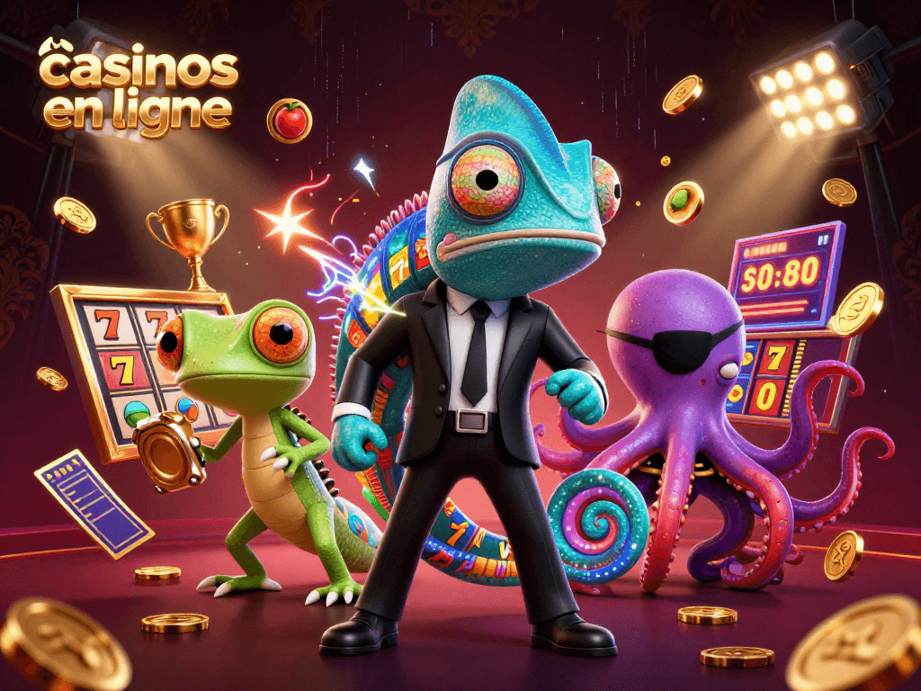 Profitez des casinos en ligne avec ce visuel captivant, illustrant un chameleon secret agent, un gecko tech et une pieuvre.
