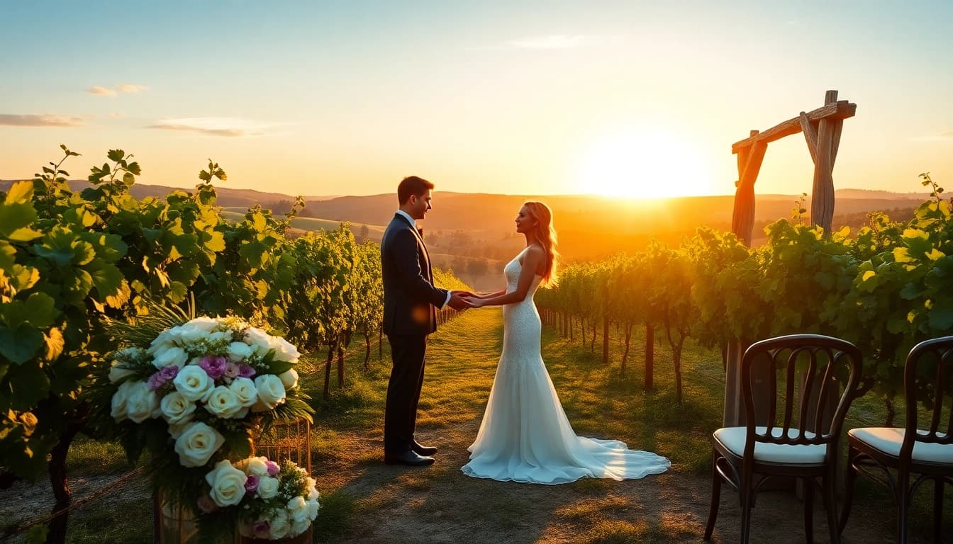 Couple celebrating a wine country wedding sacramento amidst beautiful vineyards and sunset.