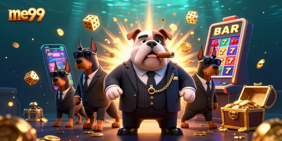 Enjoy thrilling slots at me99 as a mafia bulldog oversees a jackpot explosion of coins and games.