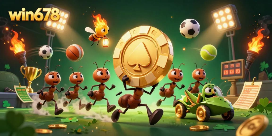 Win678 ants orchestrate a heist with a golden poker chip while sports elements animate the background.
