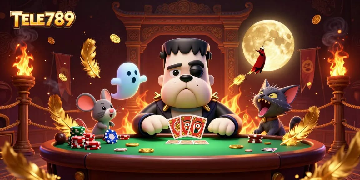 Experience the thrilling atmosphere of TELE789 with cartoon characters showcasing dynamic casino action.