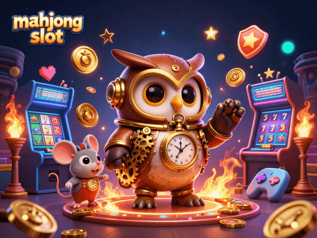 Experience mahjong slot excitement with 3D characters in a vibrant casino scene.