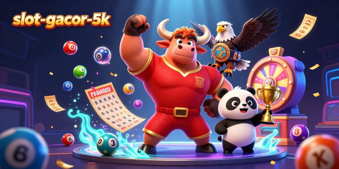 Hit big with slot-gacor-5k at the vibrant casino scene featuring playful characters and dynamic gaming elements.