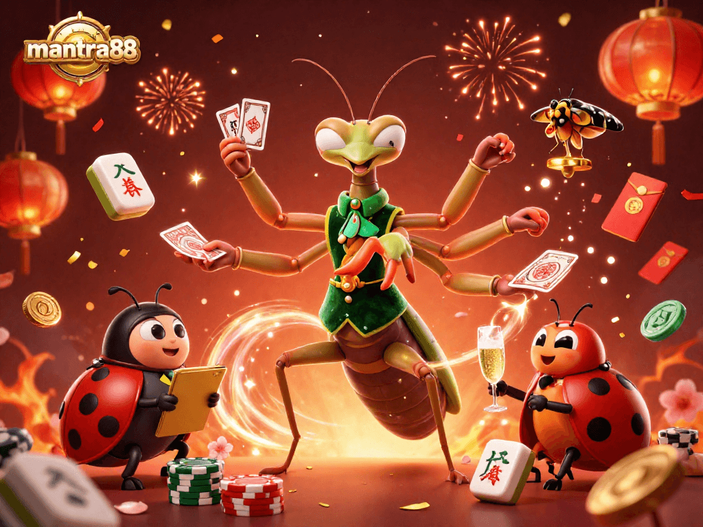 mantra88 showcases an exciting casino scene with a giant praying mantis and ladybug characters
