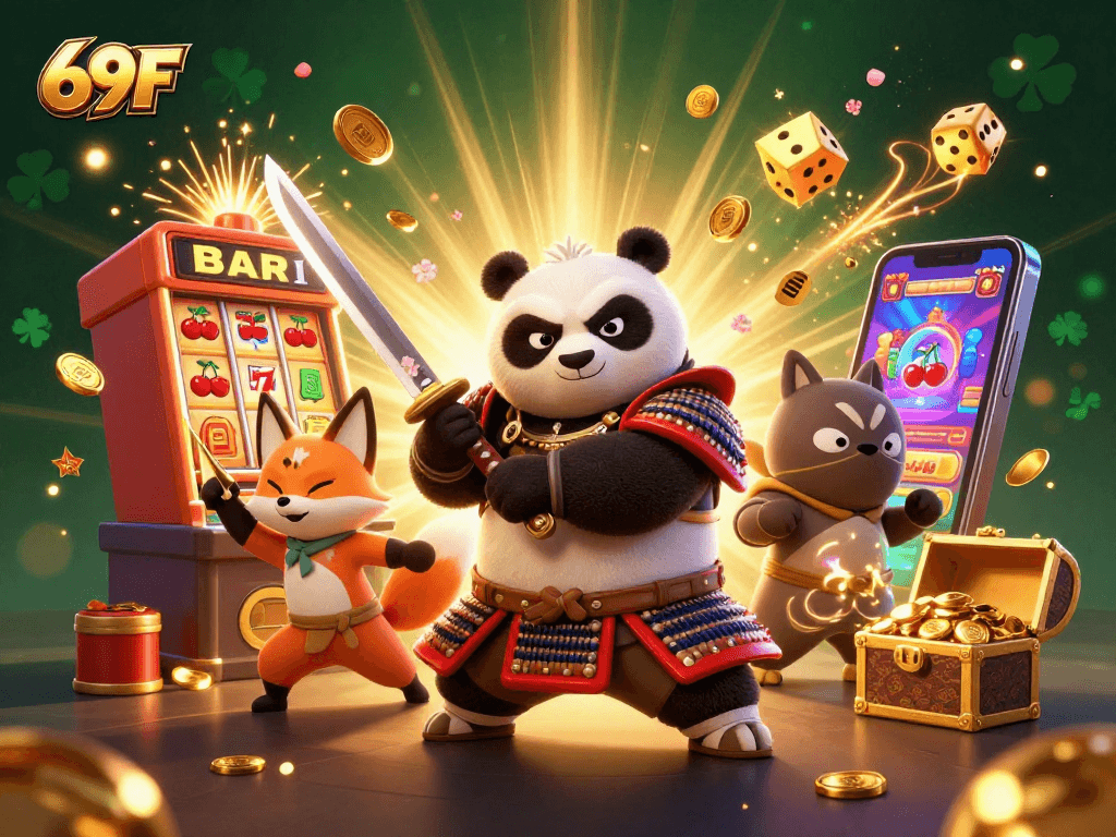 O 69F traz sorte com o panda samurai, a raposa ninja e um tanuki mágico em uma cena de cassino vibrante.