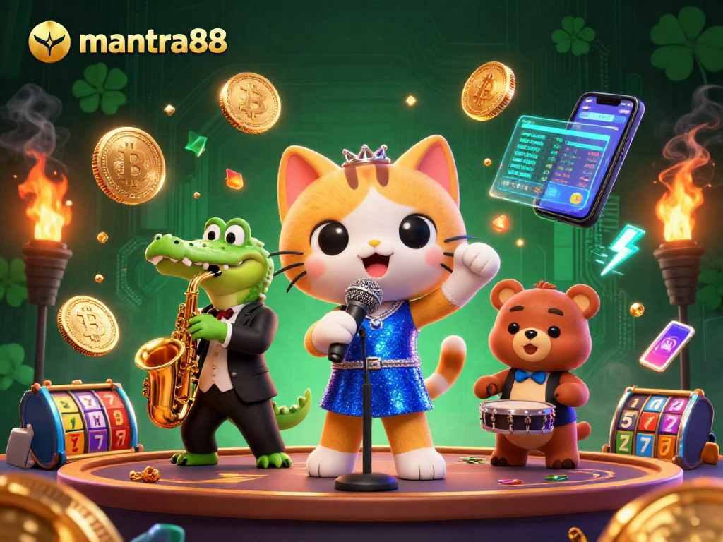 Experience thrilling action at mantra88 casino with lively characters, vibrant slot reels, and crypto elements.