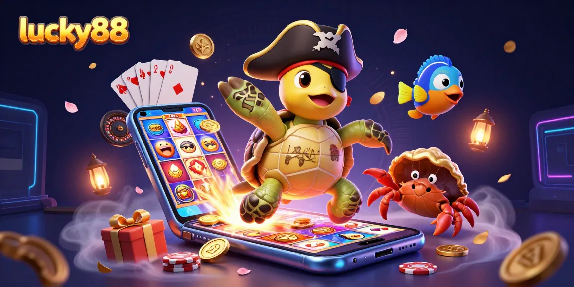Immerse in the lucky88 casino experience with a dynamic 3D pirate turtle scene amidst vibrant slot games and treasure.