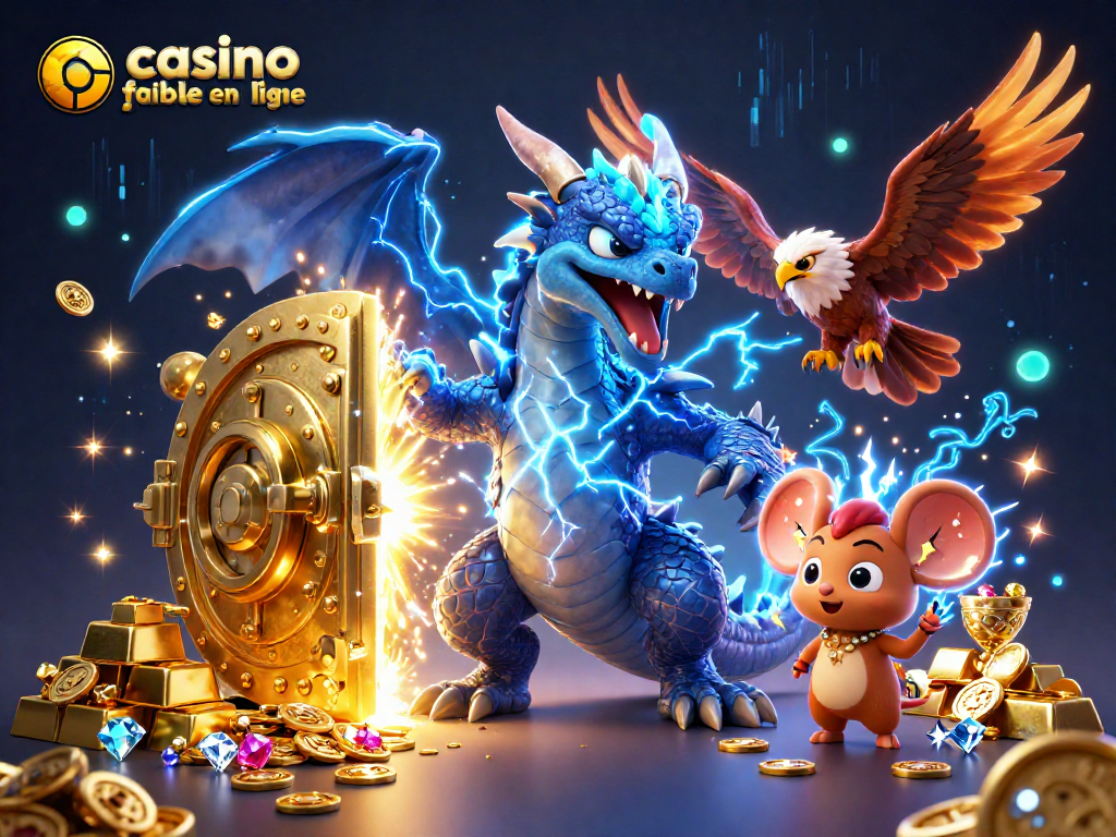 Un dragon et un faucon magiques entourés de trésors illustrent un casino fiable en ligne.