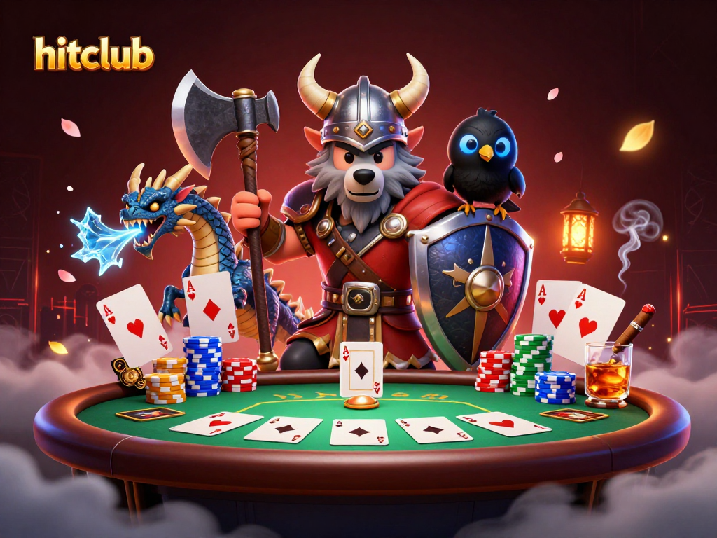 Join the hitclub action with a fierce Viking wolf warrior at a poker table packed with colorful chips.
