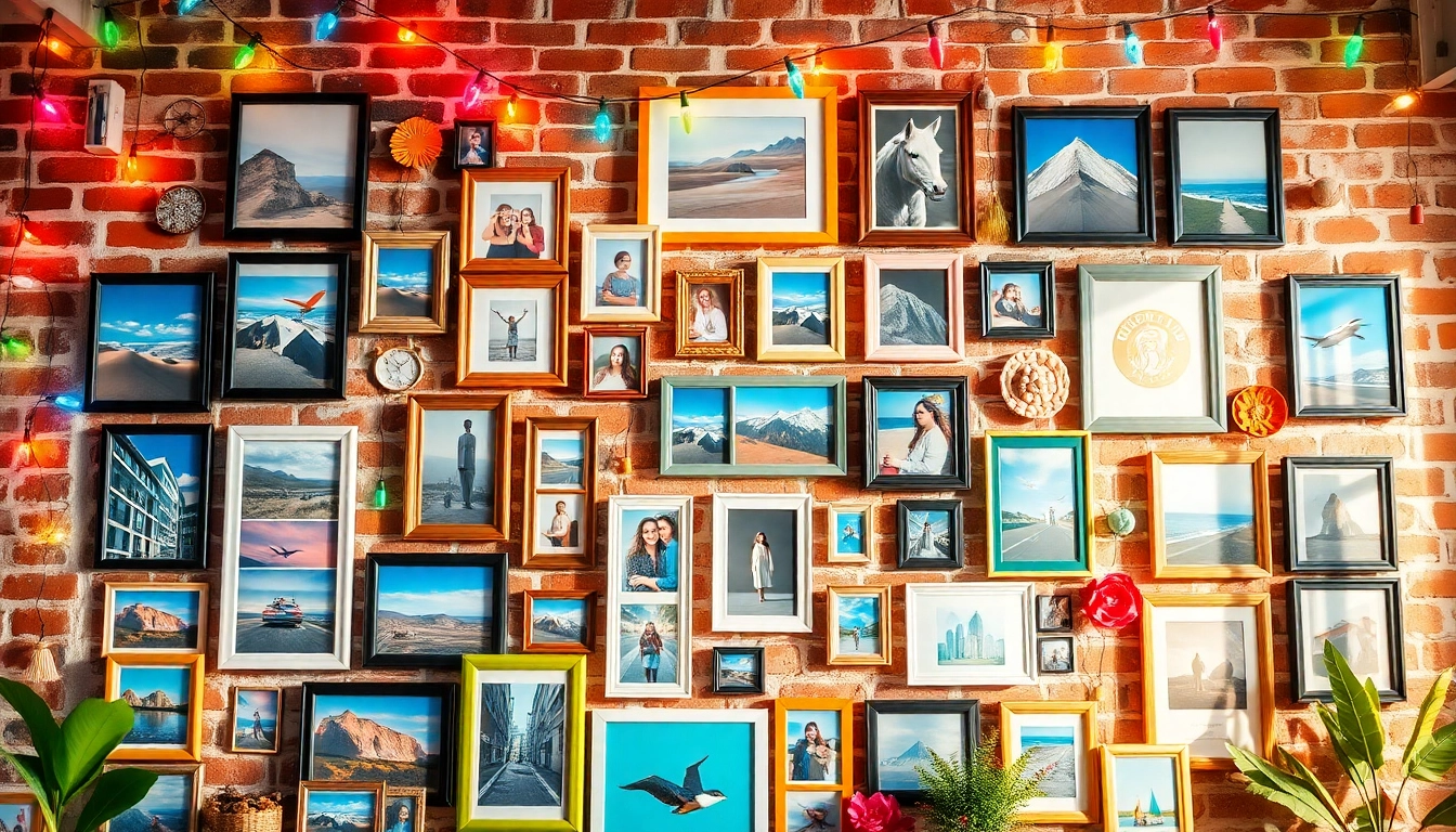 Create a stunning photo wall with eclectic frames, string lights, and a rustic background.
