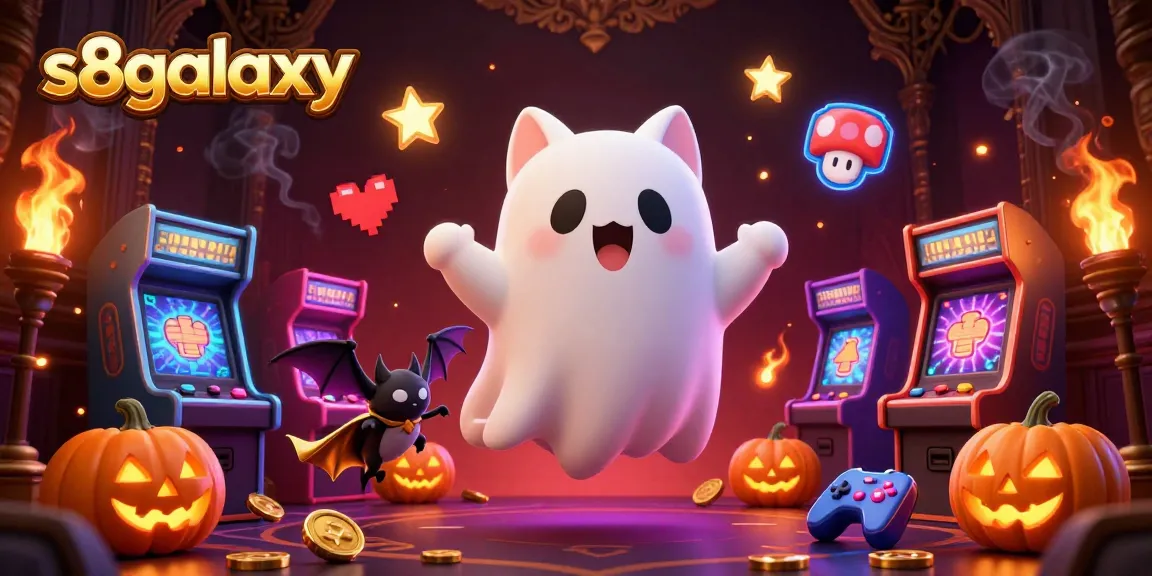An interactive gaming scene featuring s8galaxy's cartoon ghost cat navigating a haunted casino with glowing poker symbols.