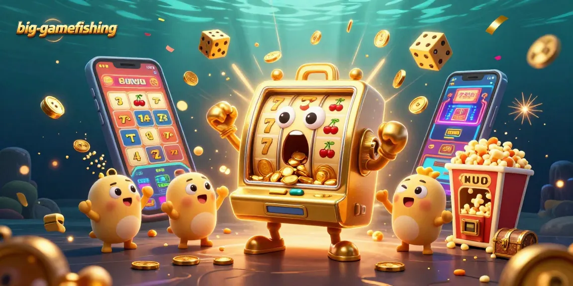 Experience big-gamefishing excitement as cartoon slot machines celebrate a dazzling jackpot.