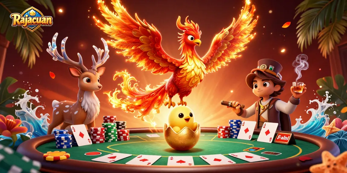 Experience Rajacuan gaming excitement with vibrant phoenixes and poker action in this dynamic illustration.