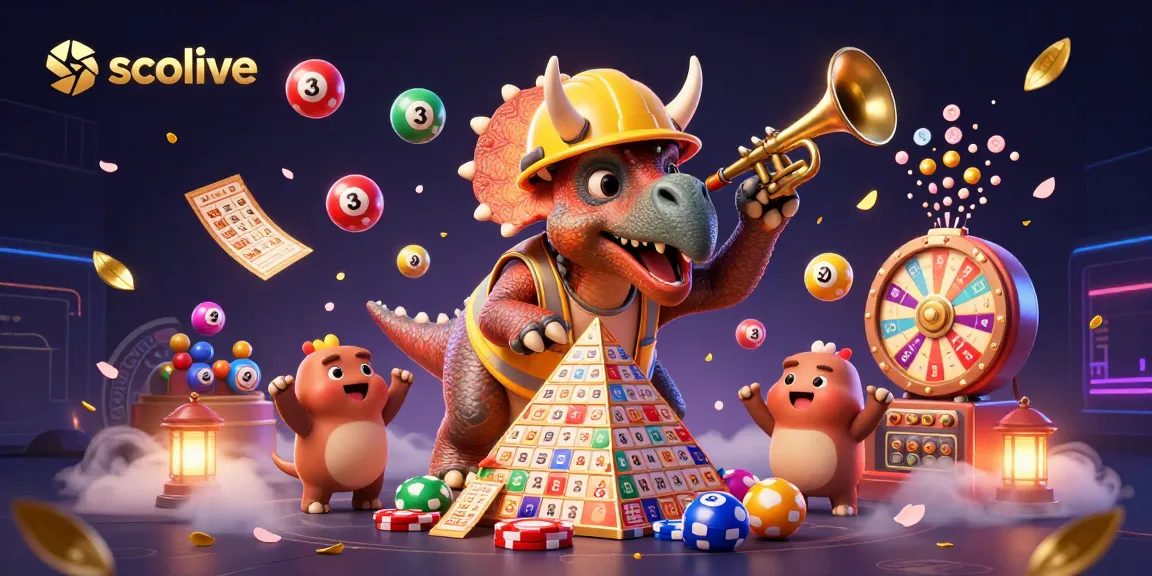 Engage with socolive as triceratops builds poker chip pyramid celebrating with a parasaurolophus amidst lottery elements.