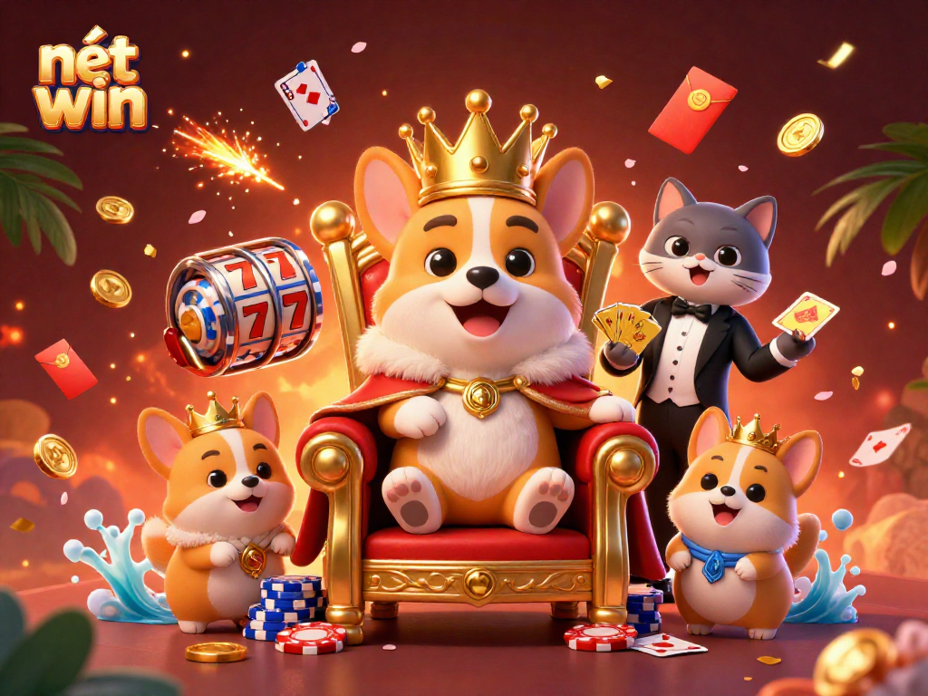 Engage with nét win in this vibrant casino scene featuring royal corgi themes and playful card elements.