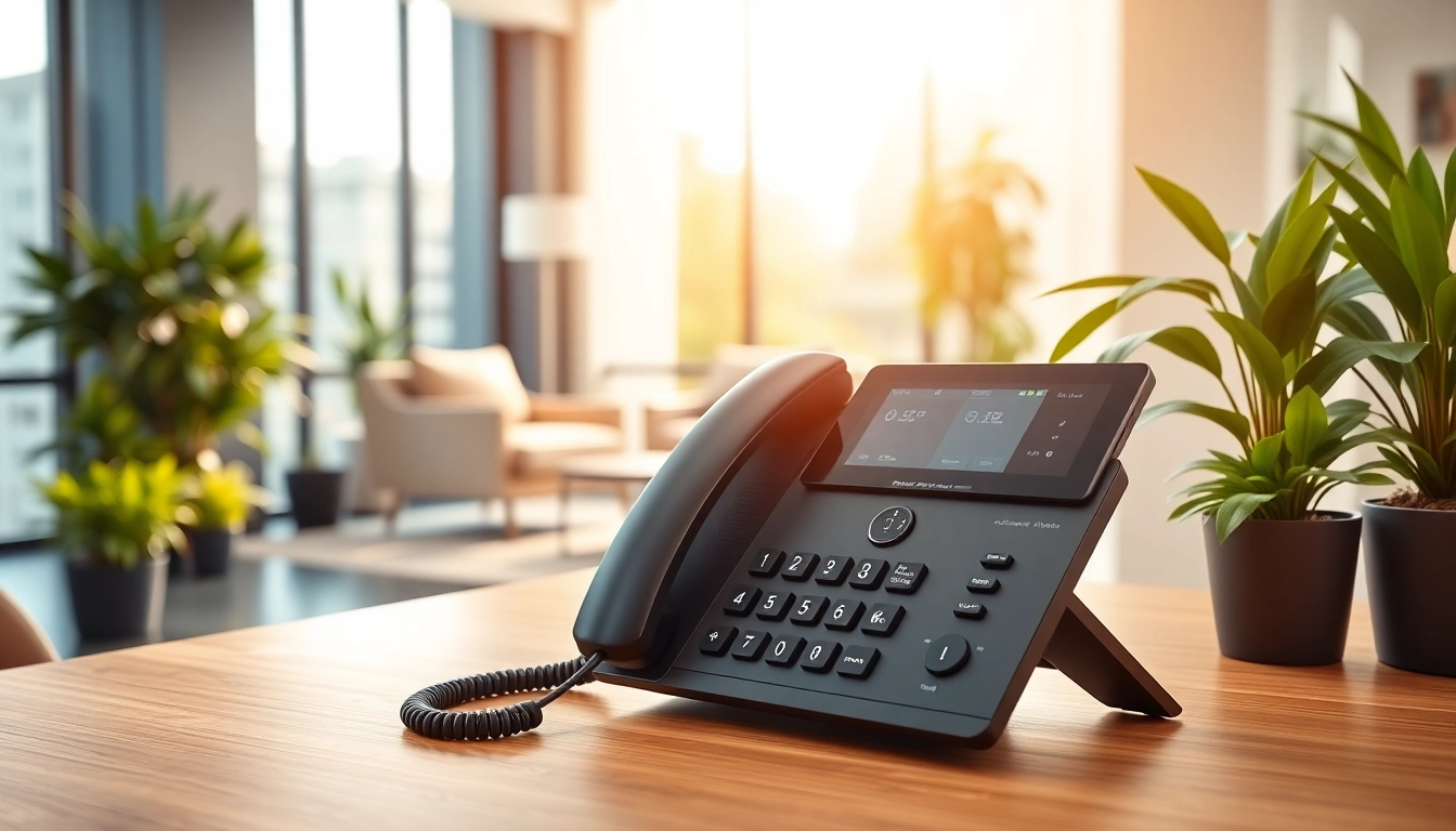 Showcasing a business phone on a modern office desk to emphasize professional communication.