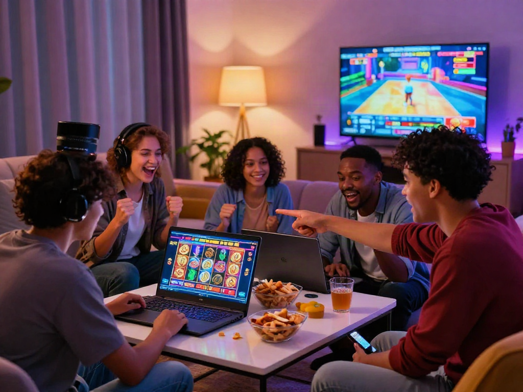 Friends enjoying a gaming session, celebrating wins on a slot online terpercaya.