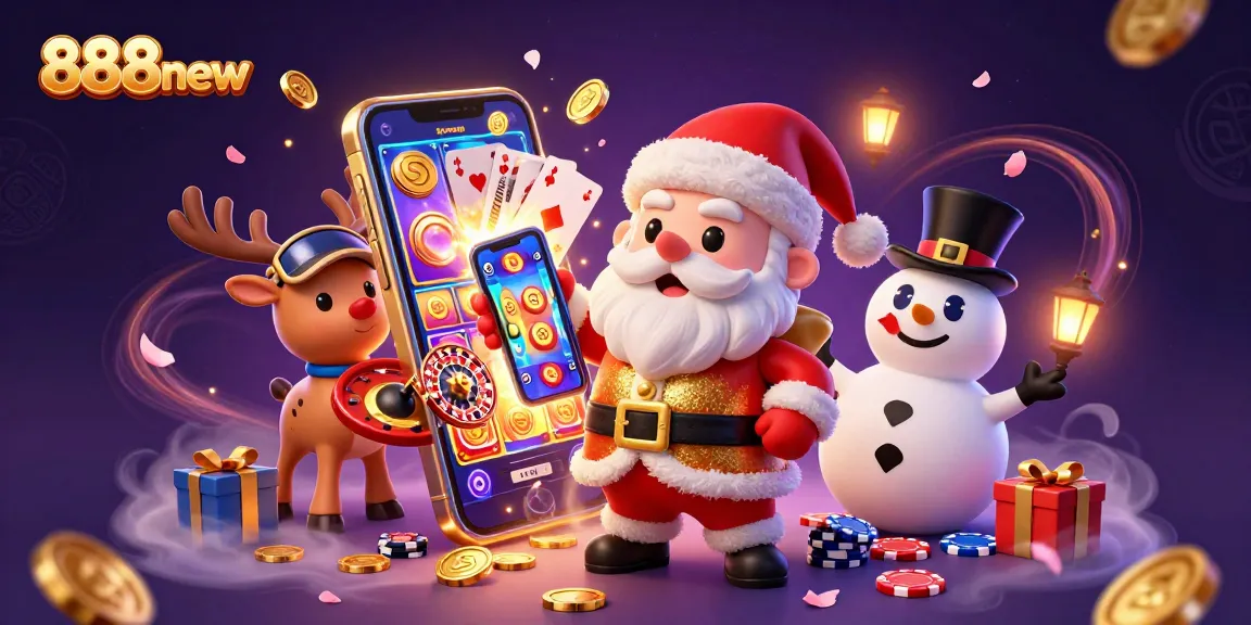 Engage with playful 888new casino adventures featuring Santa Claus and friends in a vibrant, festive scene.