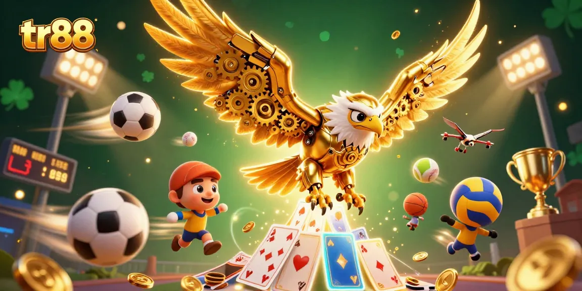 Experience the excitement of tr88 betting with dynamic sports elements and a 3D golden eagle in action.