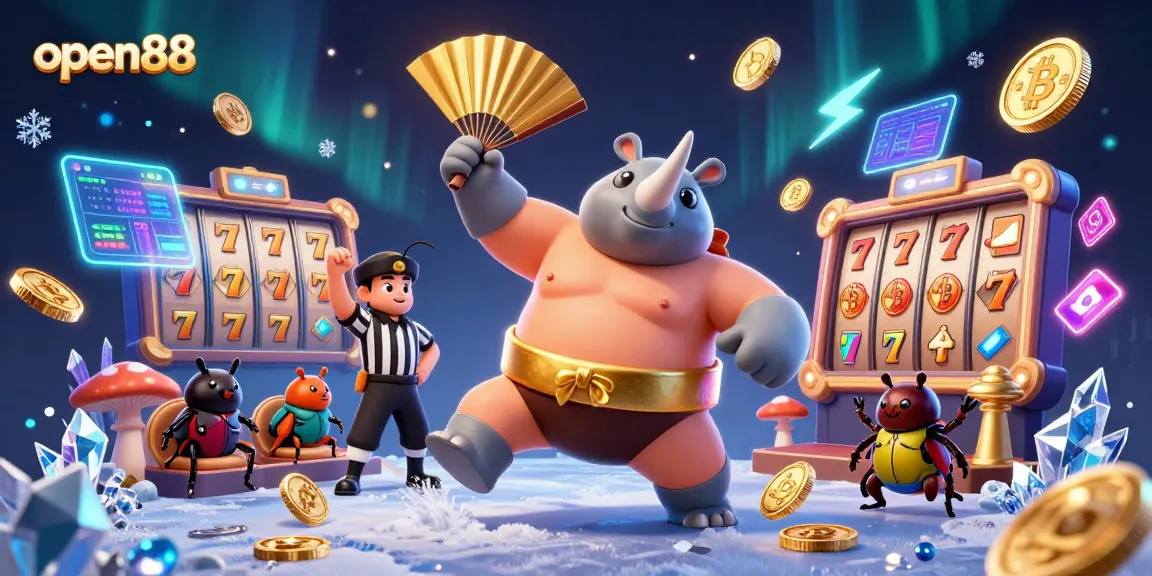 Experience thrilling gameplay at open88 with a sumo beetle champ amid flying coins and vibrant casino elements.