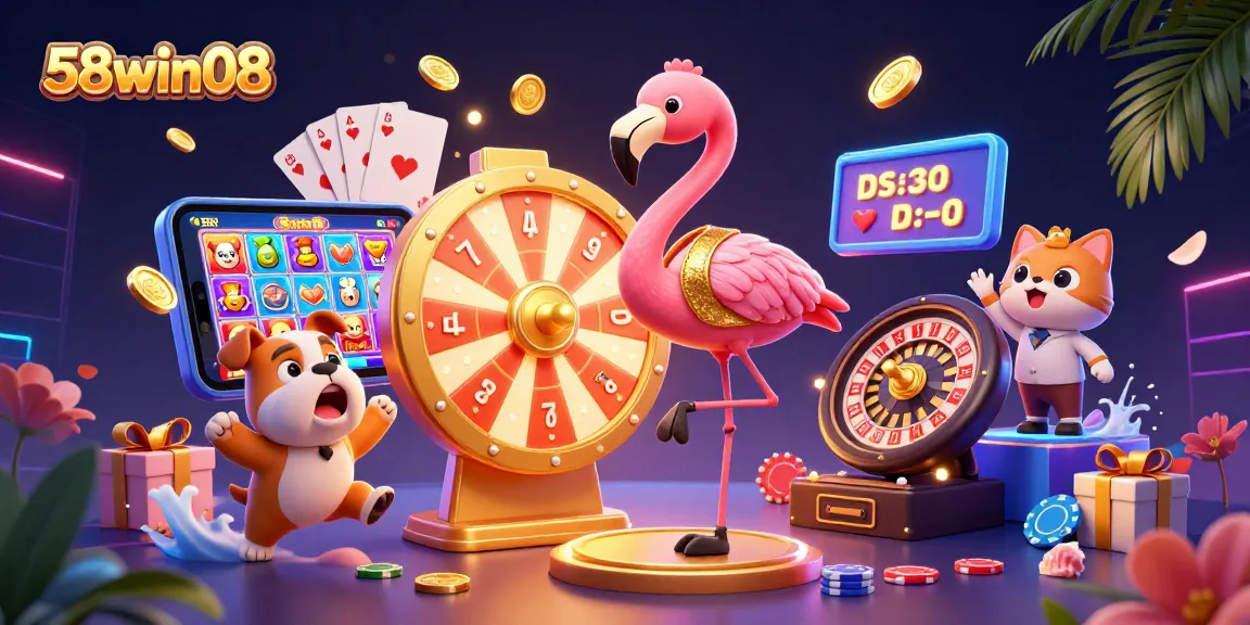 Join the excitement with 58win08 at this vibrant casino scene showcasing games and prizes.