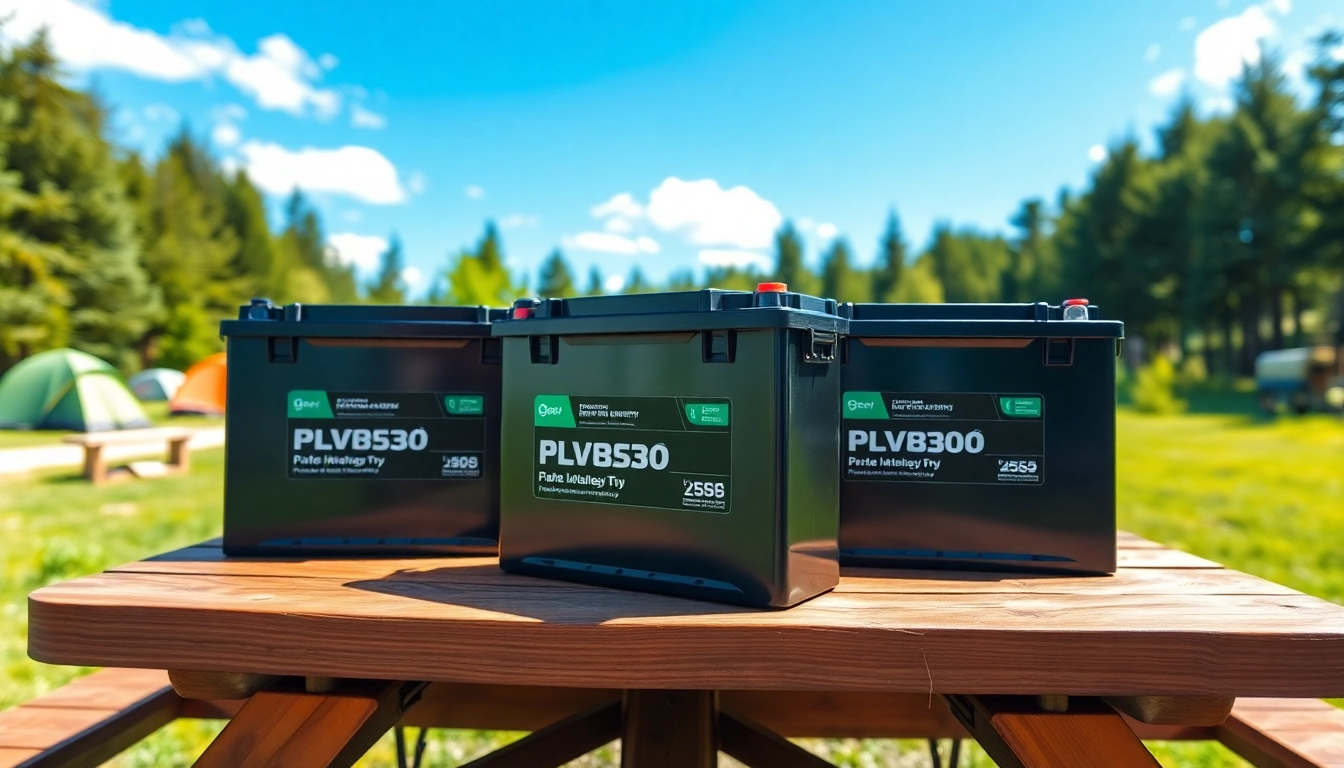 Showcasing lithium RV batteries on a picnic table in a scenic campground.