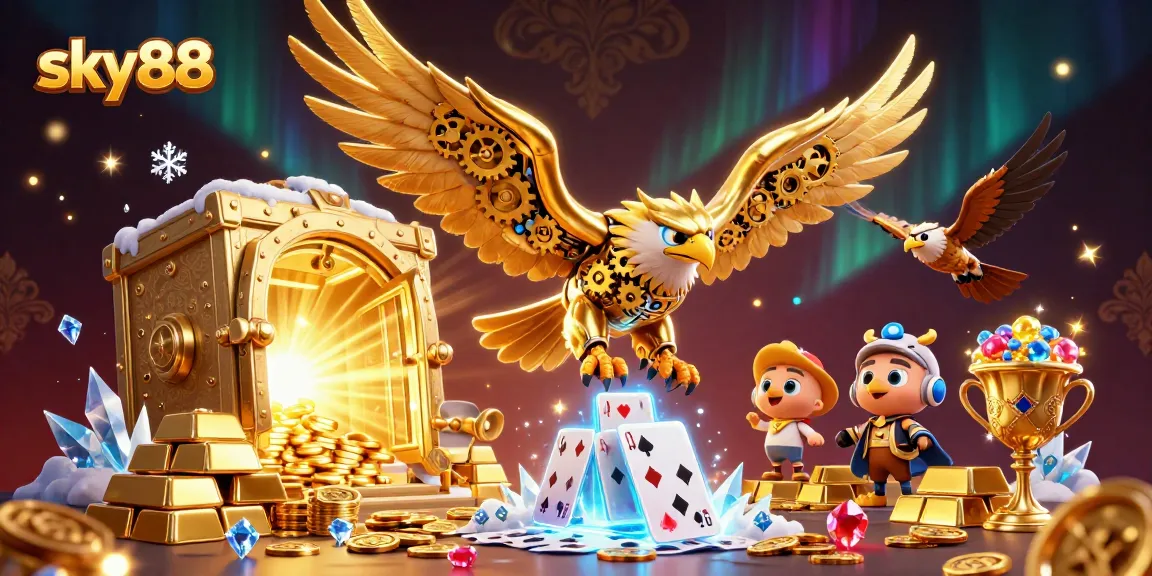 Experience thrilling wins at sky88 with an ultramodern 3D gaming scene featuring soaring eagle and treasure.