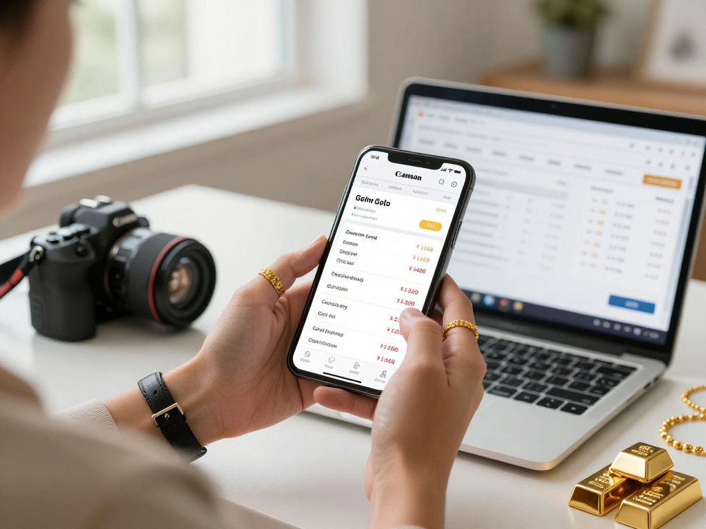 User reviewing mantra88 login for Bahrain gold prices in a bright digital marketplace setting with gold jewelry and a laptop.
