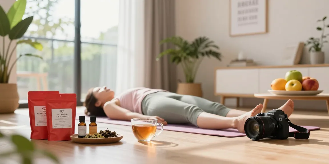 Relaxing wellness scene with red bali kratom, yoga practice, and natural products.