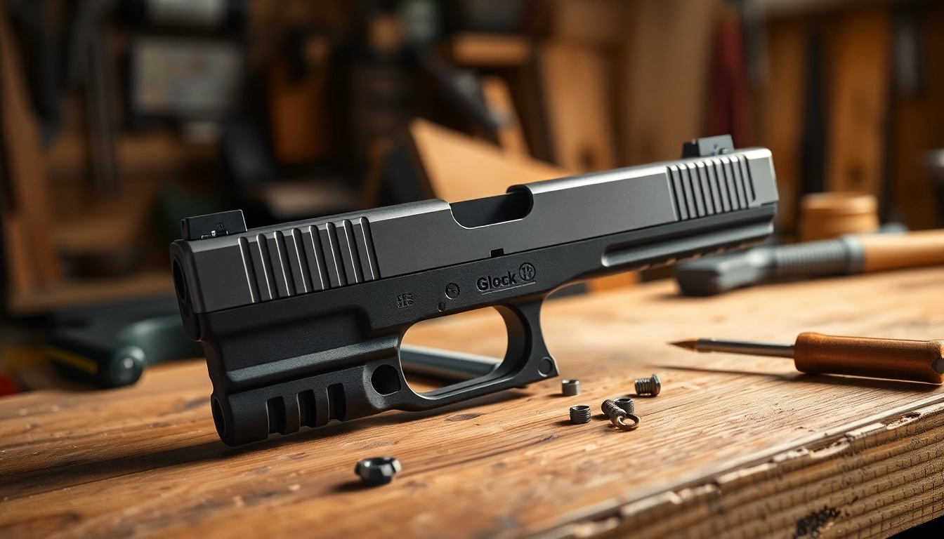 View the glock 43x stripped slide on a workbench, showcasing its precision engineering and craftsmanship.