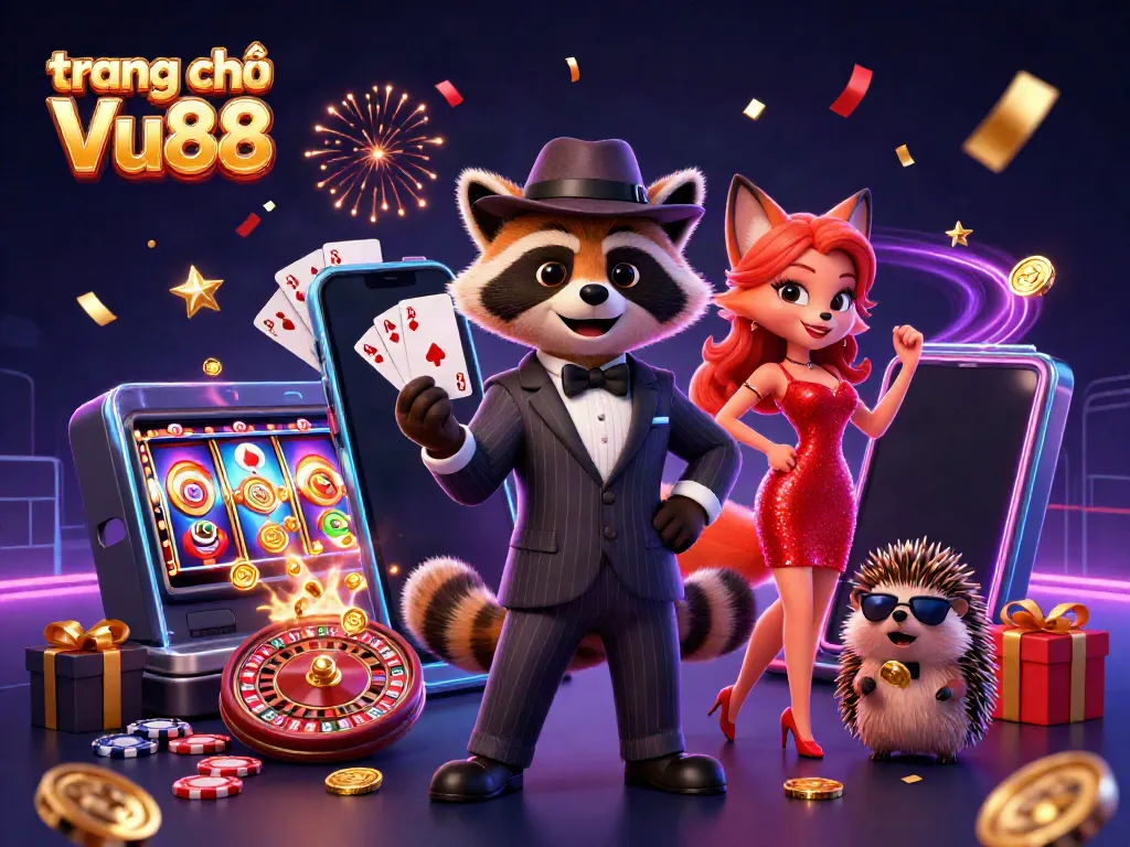 Enjoy vibrant action on trang chủ Vu88 with a raccoon, fox, and hedgehog surrounded by casino elements.