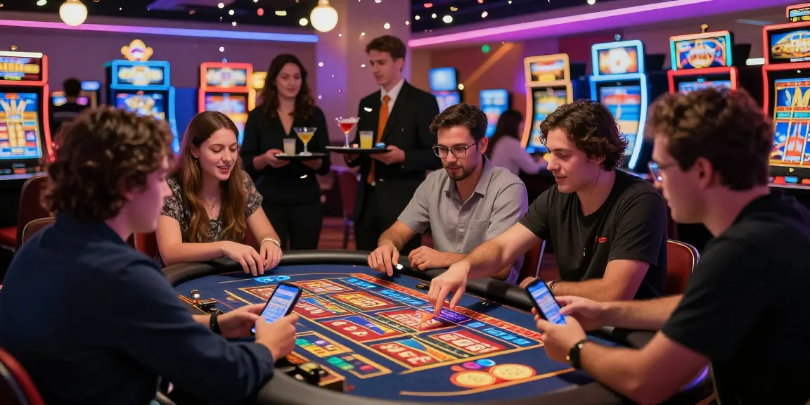 Exciting gathering around เกมสล็อต machines in a vibrant casino atmosphere.
