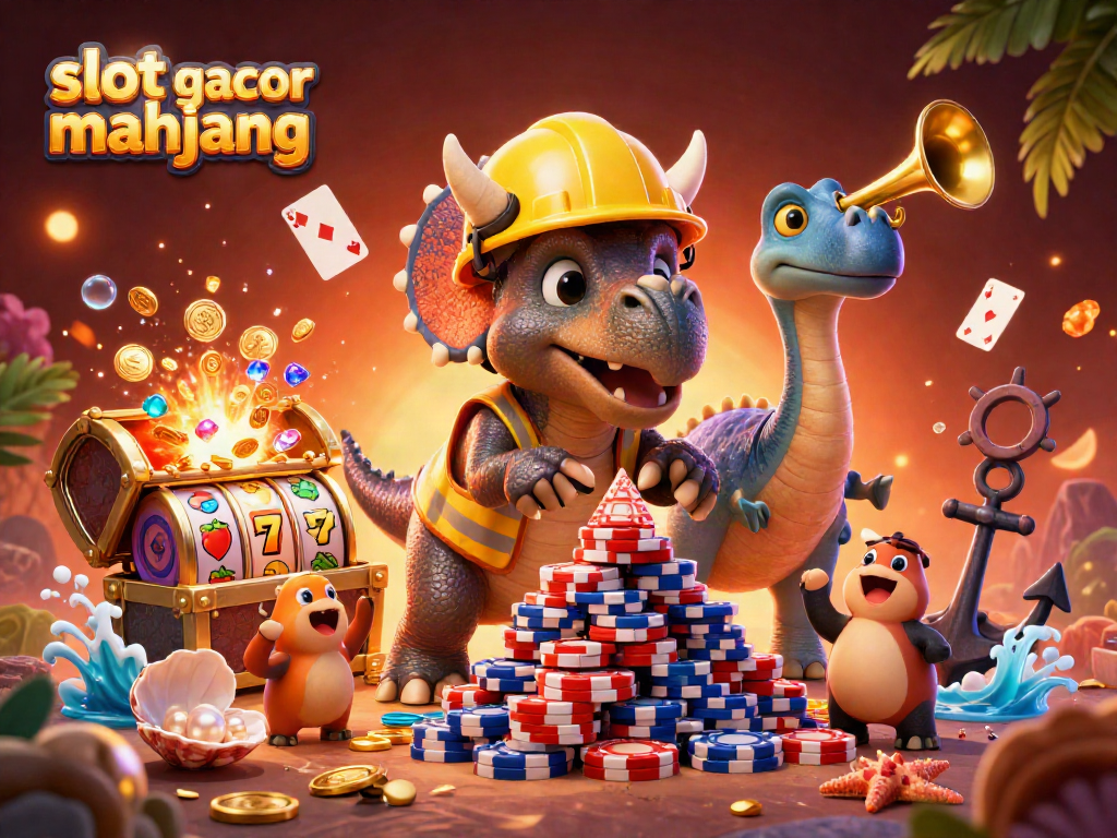 Engage in thrilling gameplay with slot gacor mahjong as a cartoon triceratops and friends celebrate.