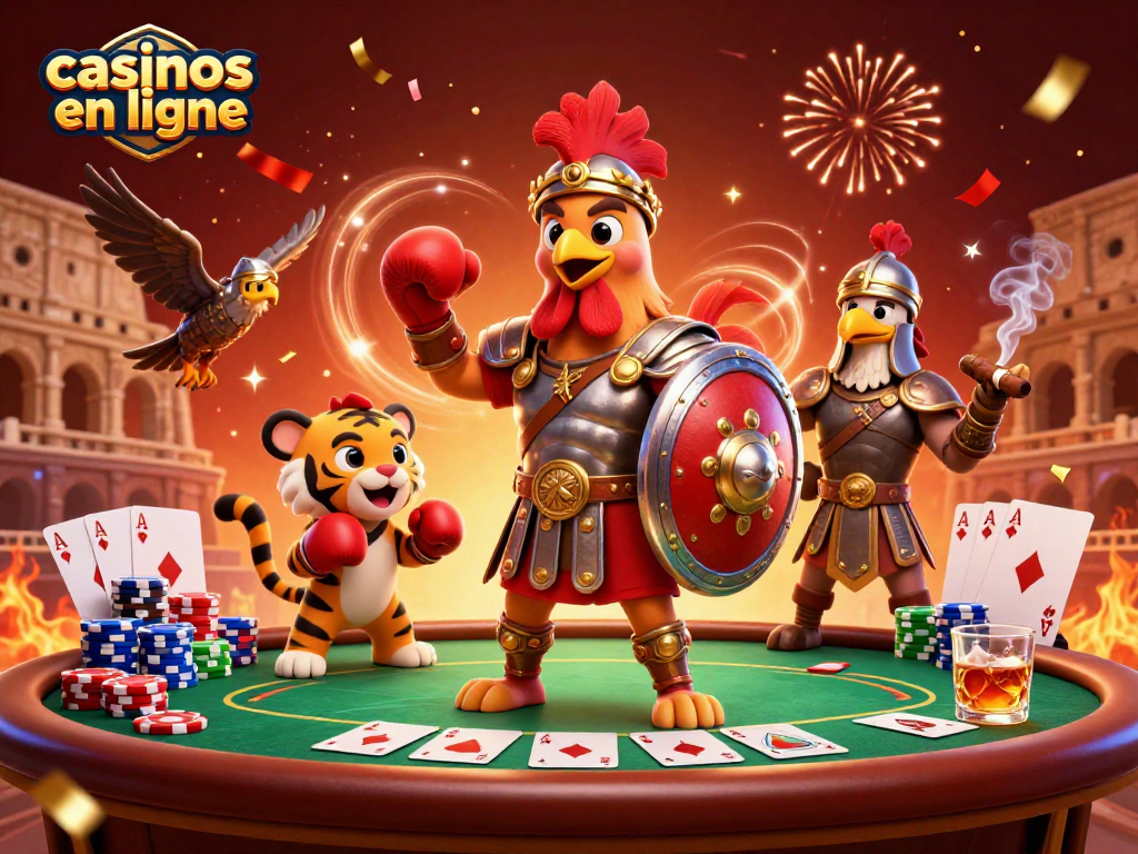 Jeux captivants dans un casino en ligne, avec un coq gladiateur et un tigre en boxe, poker palpitant.